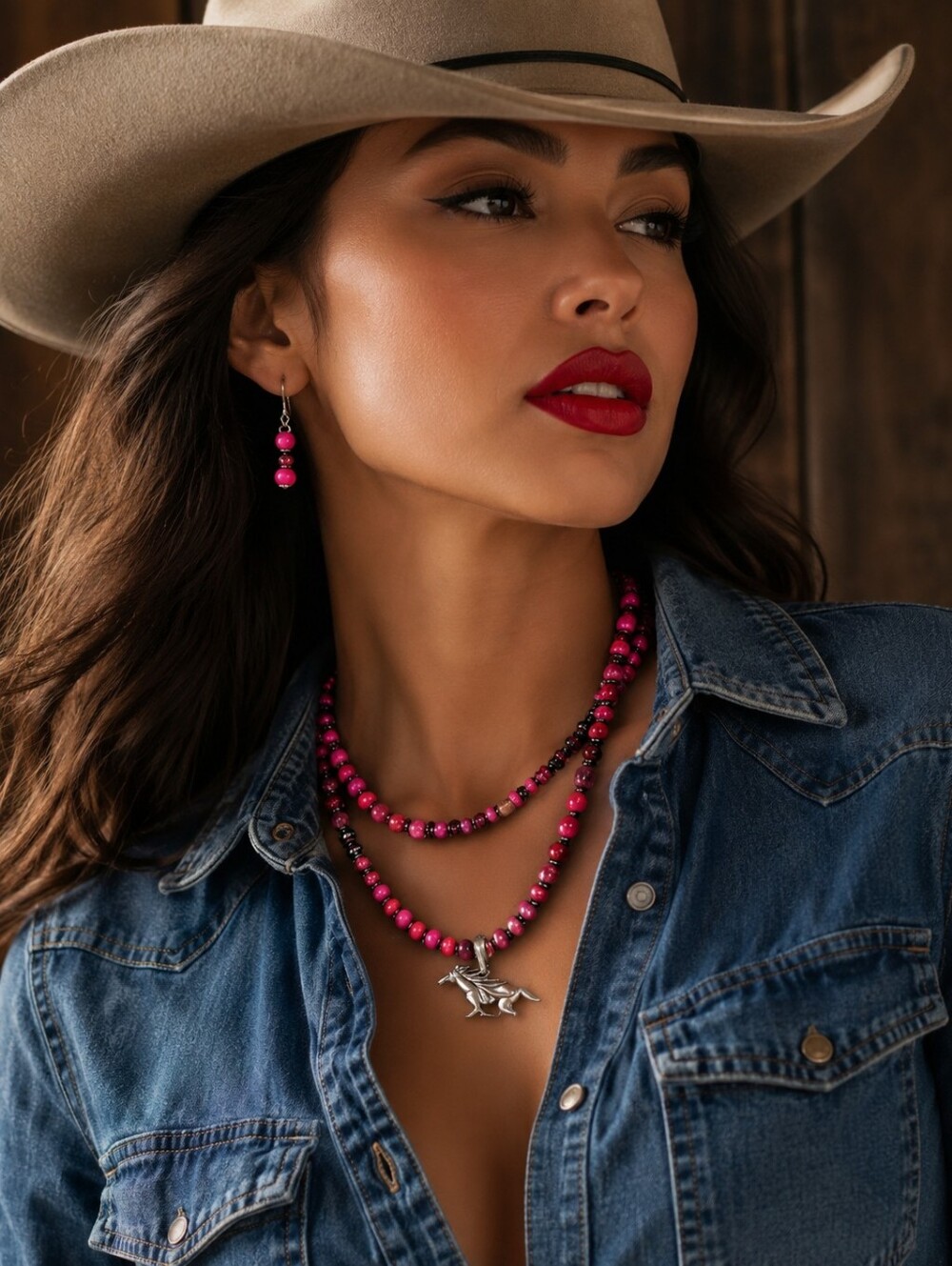 Pink Beaded Horse Pendant Necklace & Earring Set | Western Cowgirl Style